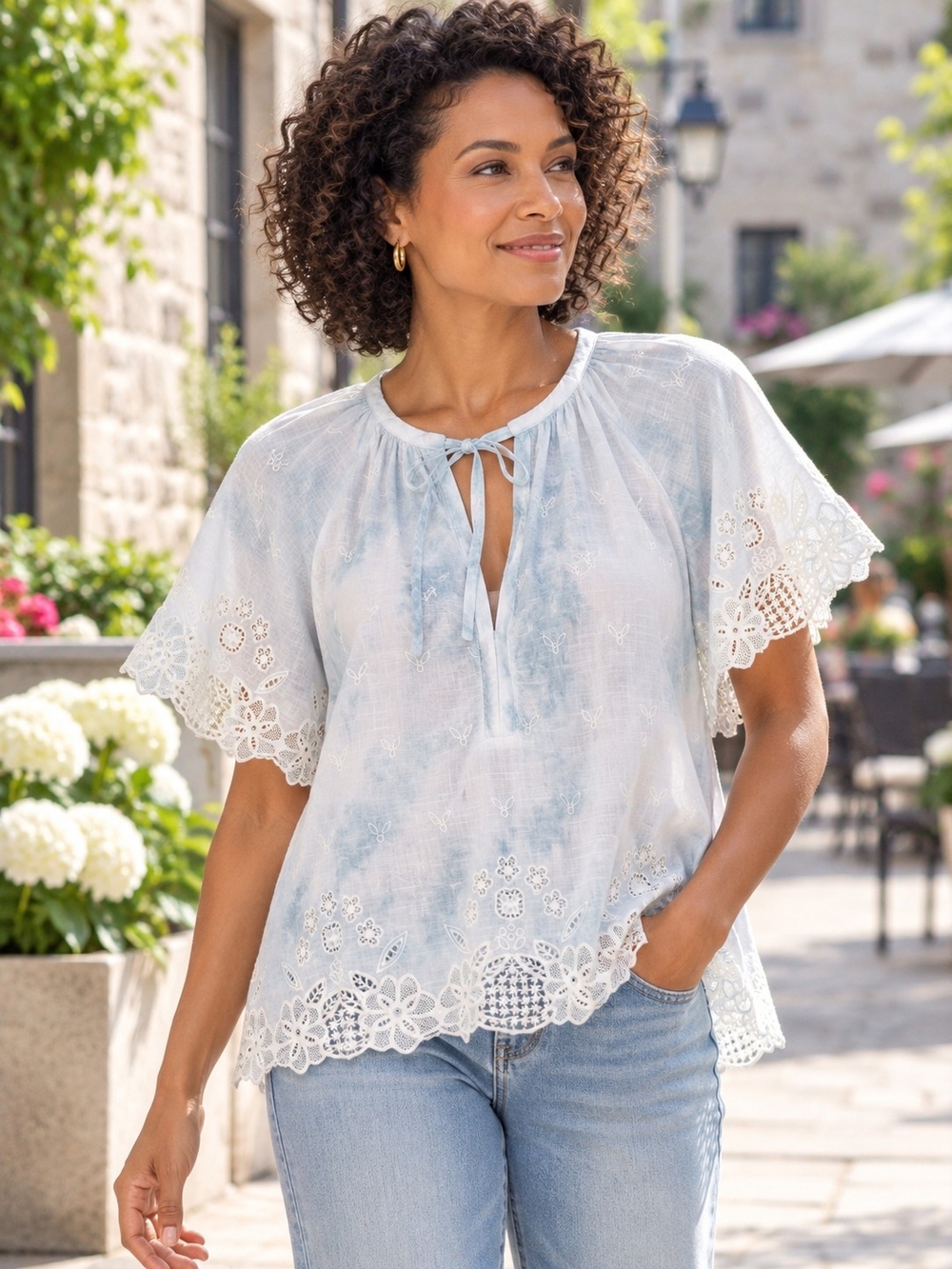 Anthropologie Olivia Embroidered Tie Dye Lace Blouse Blue White M